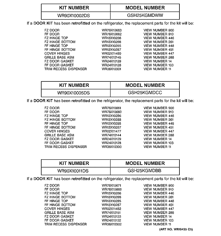 REPLACEMENT PARTS LIST Diagram and Parts List for GSH25KGMDCC  General Electric Refrigerator