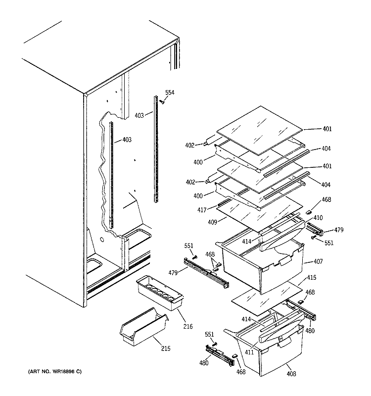 FRESH FOOD SHELVES Diagram and Parts List for GSG20IBMBFWW  General Electric Refrigerator