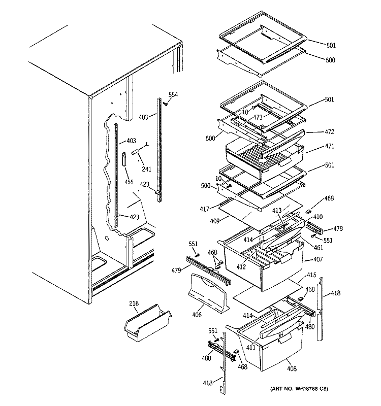 FRESH FOOD SHELVES Diagram and Parts List for GSS22QFMCBB  General Electric Refrigerator