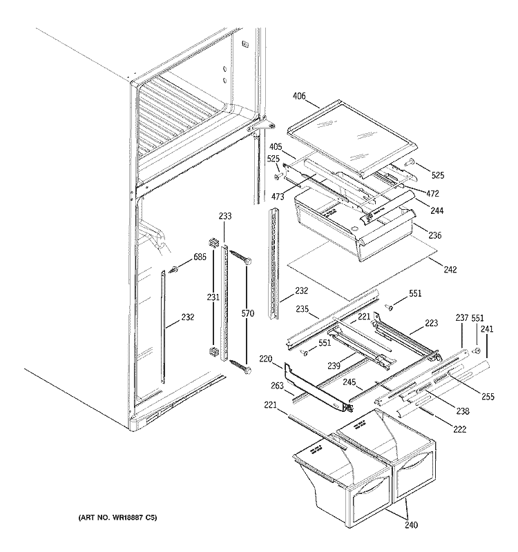 FRESH FOOD SHELVES Diagram and Parts List for GTS19QBNCRWW  General Electric Refrigerator