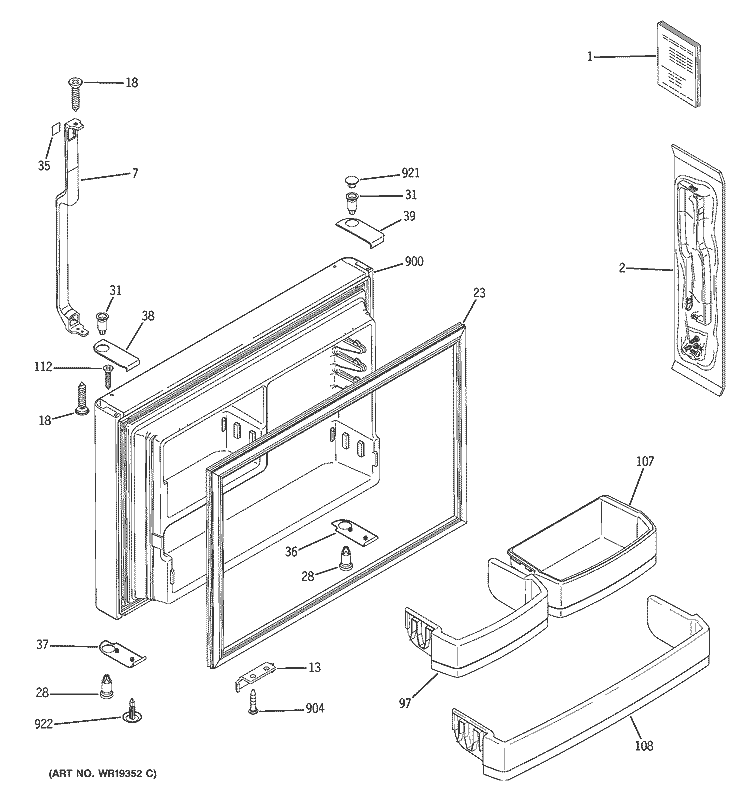FREEZER DOOR Diagram and Parts List for GTS22KBPBRWW  General Electric Refrigerator