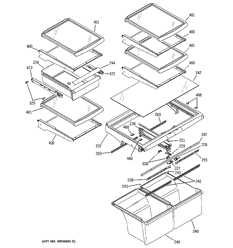 FRESH FOOD SHELVES Diagram and Parts List for GTS22WCPBRCC  General Electric Refrigerator