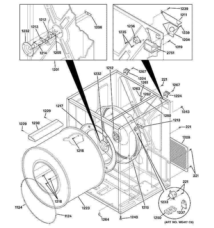 CABINET & DRUM Diagram and Parts List for DCCH43EA4WW  General Electric Dryer