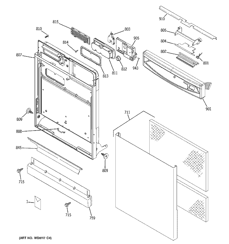ESCUTCHEON & DOOR ASSEMBLY Diagram and Parts List for GSD6000G02BB  General Electric Dishwasher
