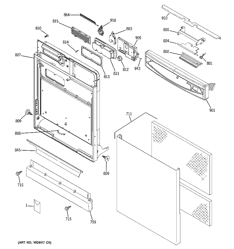 ESCUTCHEON & DOOR ASSEMBLY Diagram and Parts List for GSD6600G02WW  General Electric Dishwasher