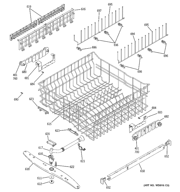UPPER RACK ASSEMBLY Diagram and Parts List for PDW7300J01CC  General Electric Dishwasher