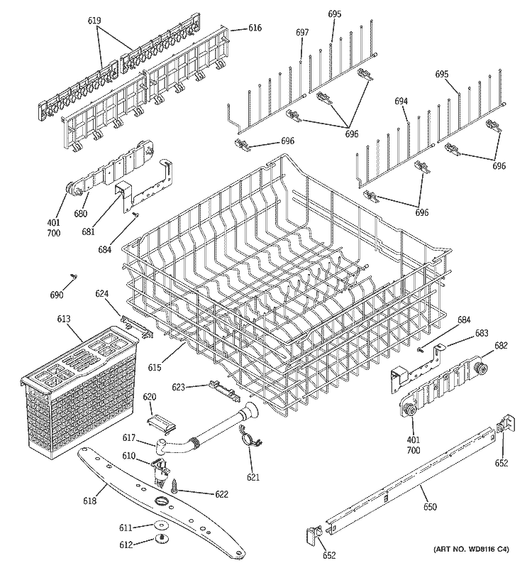 UPPER RACK ASSEMBLY Diagram and Parts List for PDW7700J01CC  General Electric Dishwasher