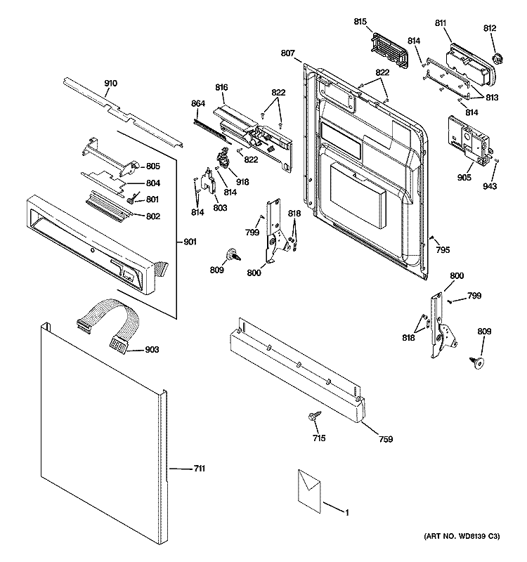 ESCUTCHEON & DOOR ASSEMBLY Diagram and Parts List for PDW8500J01BB  General Electric Dishwasher
