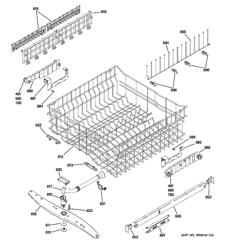 UPPER RACK ASSEMBLY Diagram and Parts List for PDW8600J01BB  General Electric Dishwasher