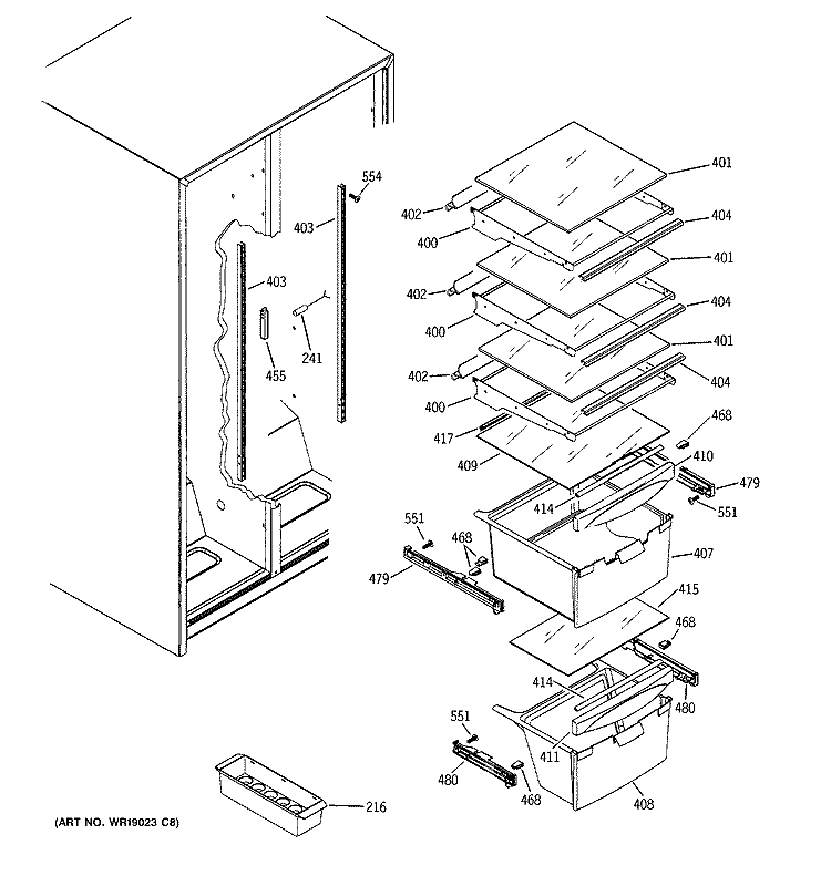 FRESH FOOD SHELVES Diagram and Parts List for GSA20IEMDFBB  General Electric Refrigerator