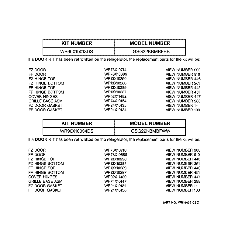 REPLACEMENT PARTS LIST Diagram and Parts List for GSG22KBMBFWW  General Electric Refrigerator
