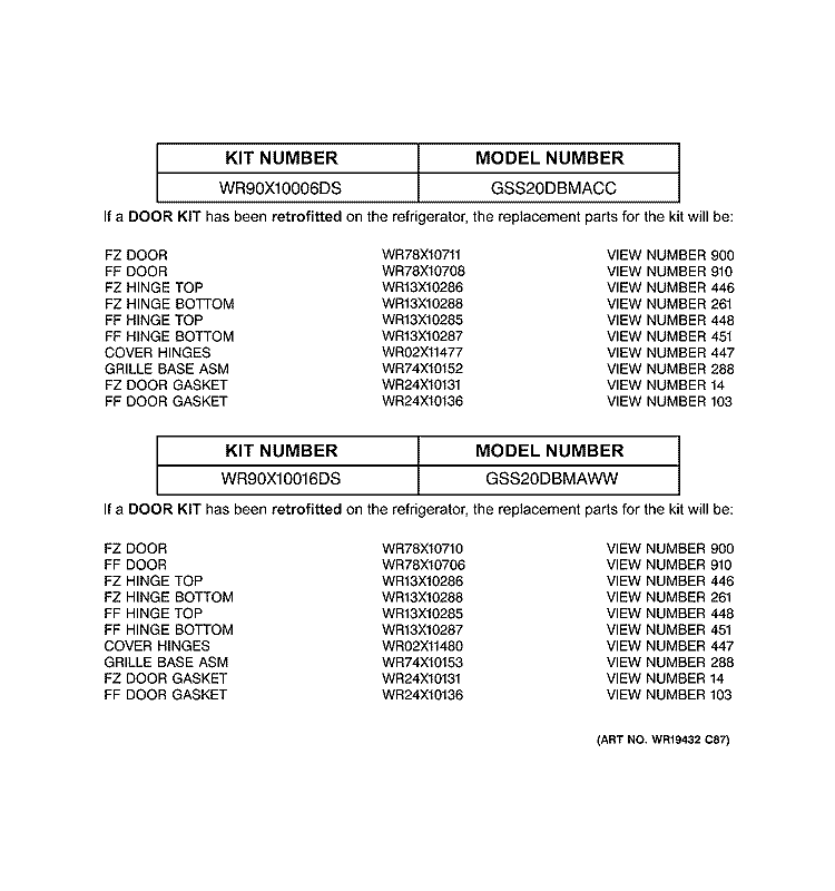REPLACEMENT PARTS LIST Diagram and Parts List for GSS20DBMAWW  General Electric Refrigerator