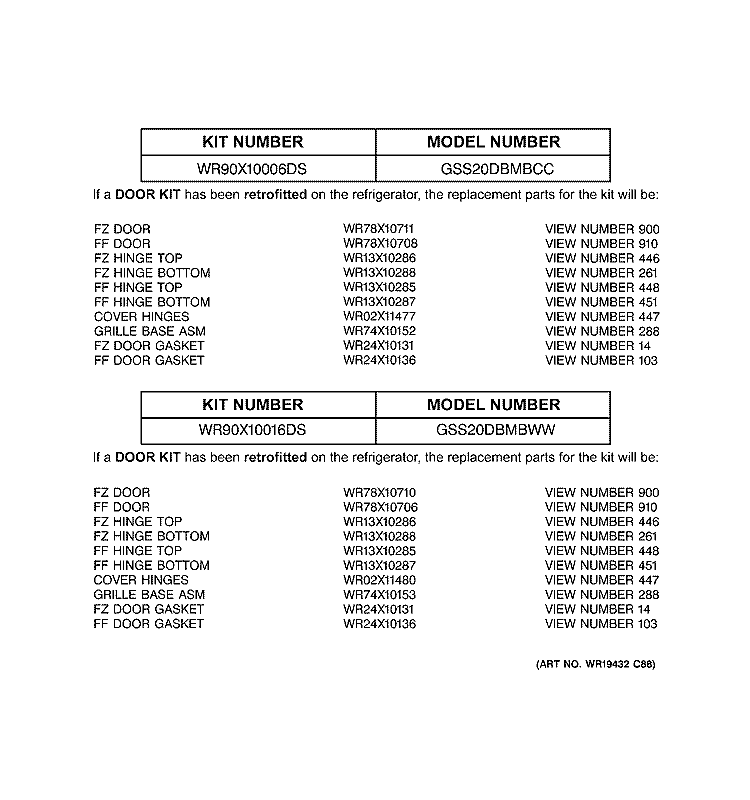 REPLACEMENT PARTS LIST Diagram and Parts List for GSS20DBMBWW  General Electric Refrigerator