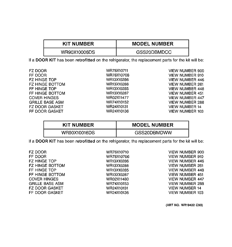 REPLACEMENT PARTS LIST Diagram and Parts List for GSS20DBMDWW  General Electric Refrigerator