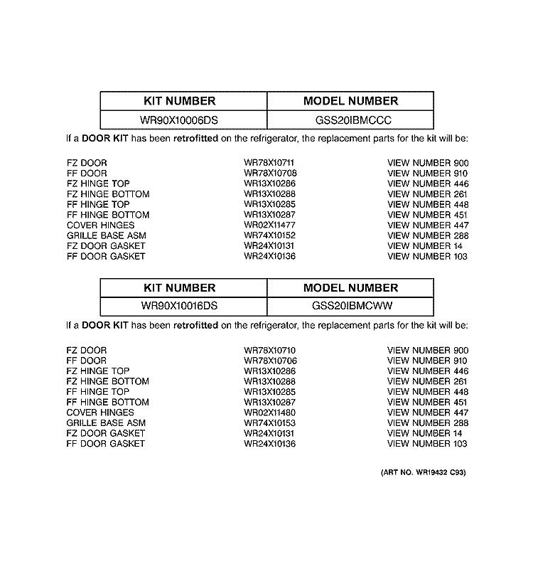 REPLACEMENT PARTS LIST Diagram and Parts List for GSS20IBMCWW  General Electric Refrigerator