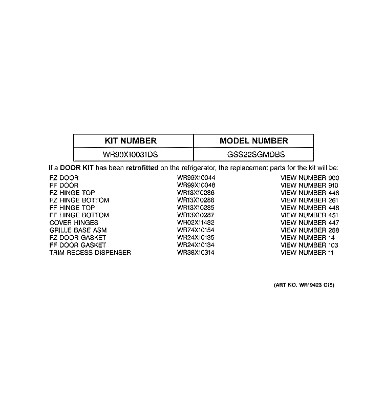 REPLACEMENT PARTS LIST Diagram and Parts List for GSS22SGMDBS  General Electric Refrigerator