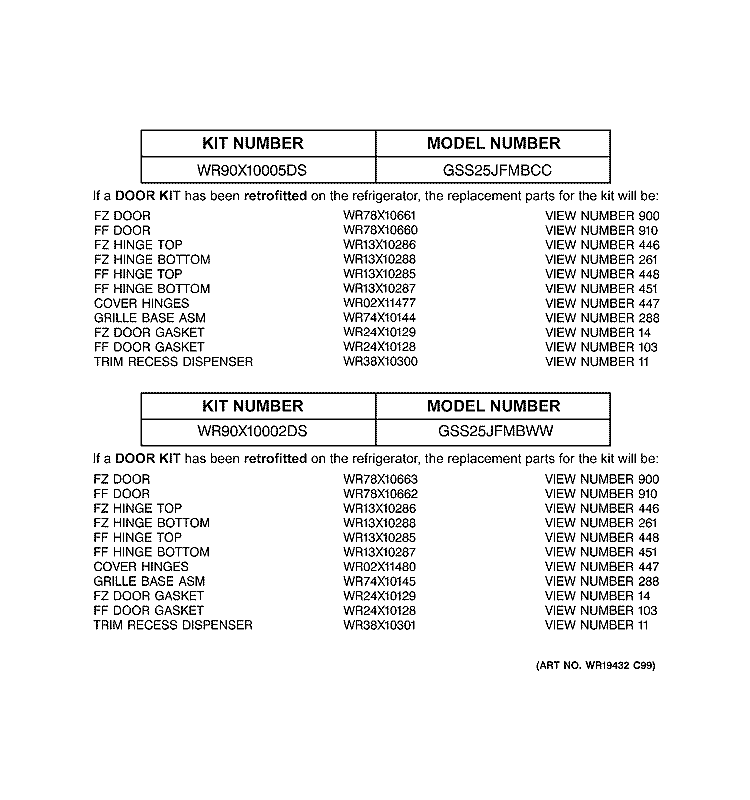 REPLACEMENT PARTS LIST Diagram and Parts List for GSS25JFMBCC  General Electric Refrigerator