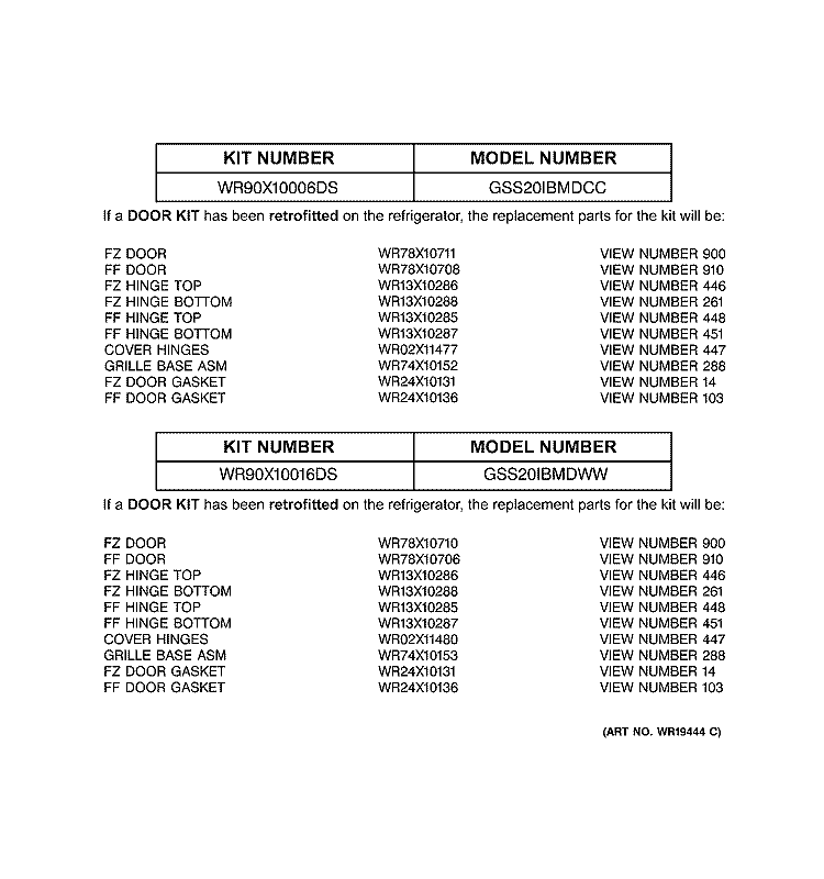 REPLACEMENT PARTS LIST Diagram and Parts List for GSS20IBMDWW  General Electric Refrigerator