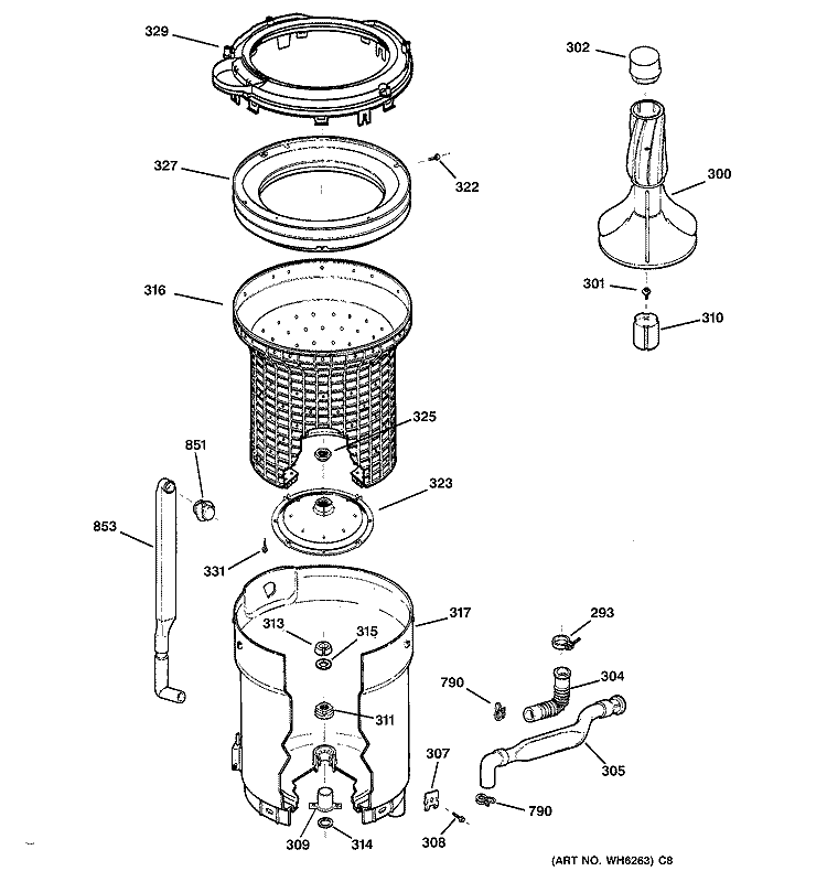 TUB, BASKET & AGITATOR Diagram and Parts List for WHDSR209D1WW  General Electric Washer