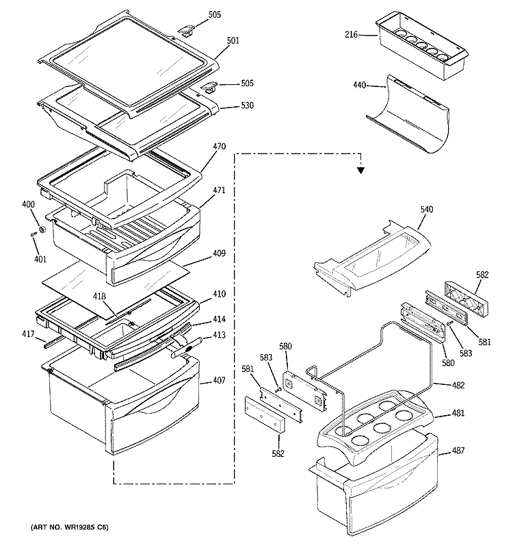 FRESH FOOD SHELVES Diagram and Parts List for PCG23NHMHFWW  General Electric Refrigerator