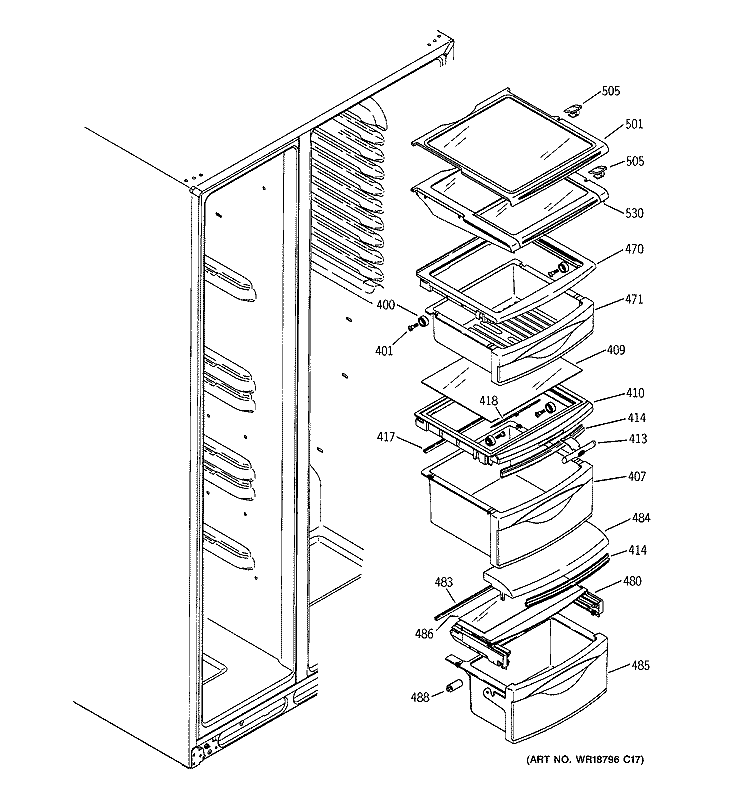 FRESH FOOD SHELVES Diagram and Parts List for PSR26LSQASS  General Electric Refrigerator