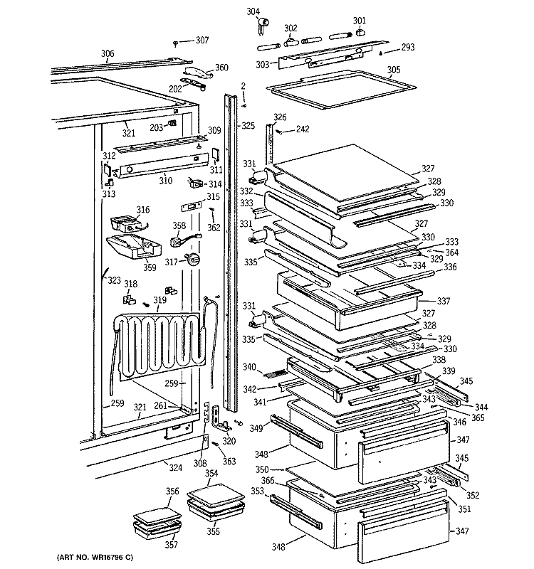 FRESH FOOD SECTION Diagram and Parts List for BISB42ELD  General Electric Refrigerator