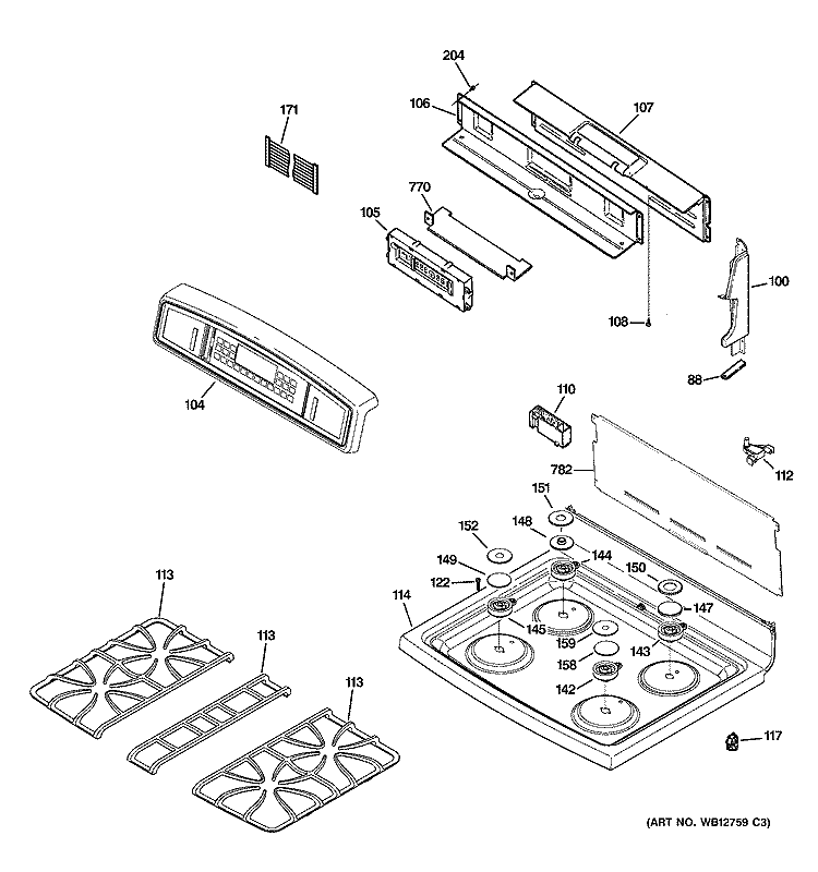 CONTROL PANEL & COOKTOP Diagram and Parts List for J2B915BEH1BB  General Electric Range