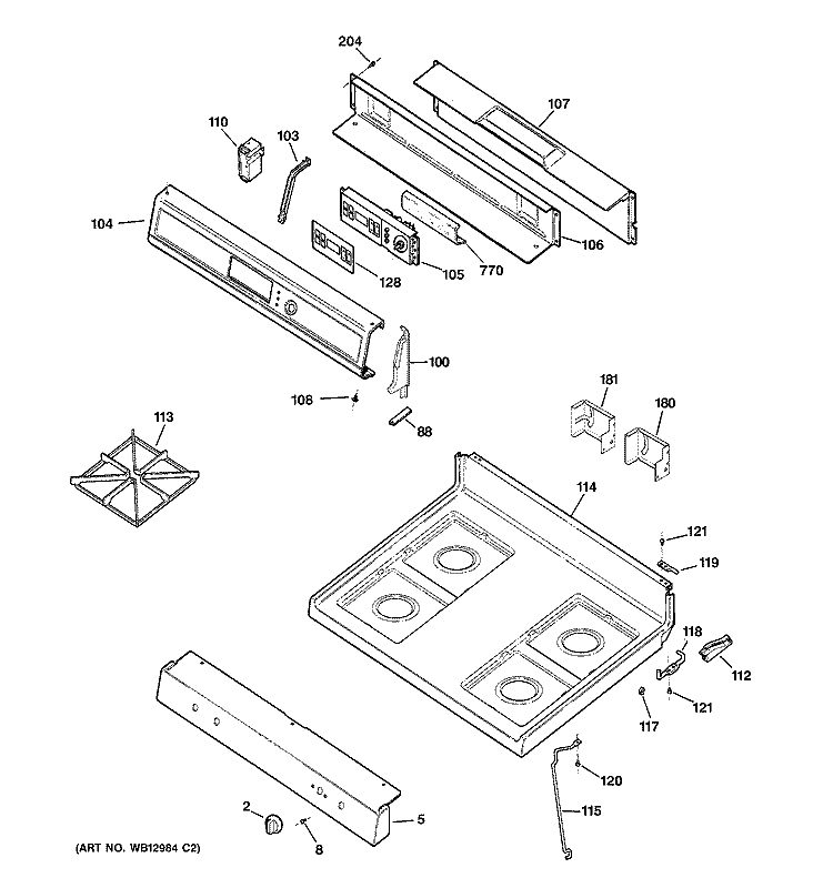 CONTROL PANEL & COOKTOP Diagram and Parts List for JGBP24BEH1CT  General Electric Range