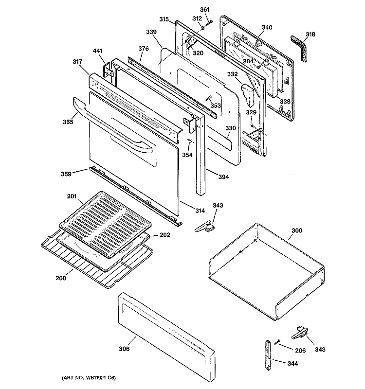 DOOR & DRAWER PARTS Diagram and Parts List for JGBP28TEH1WW  General Electric Range