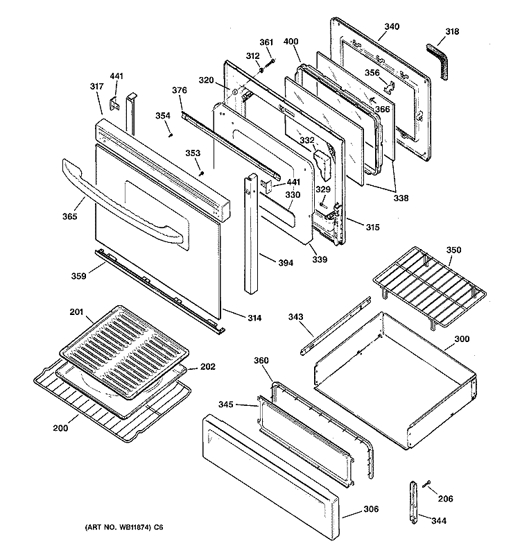 DOOR & DRAWER PARTS Diagram and Parts List for JGBP85WEH1WW  General Electric Range