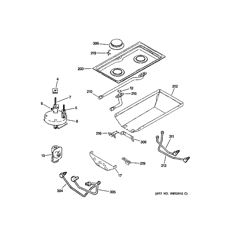 GAS & BURNER PARTS Diagram and Parts List for JGP979WEF2WW  General Electric Cooktop