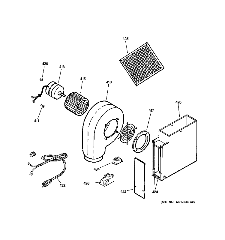 MOTOR & FAN ASSEMBLY Diagram and Parts List for JGP979WEF2WW  General Electric Cooktop