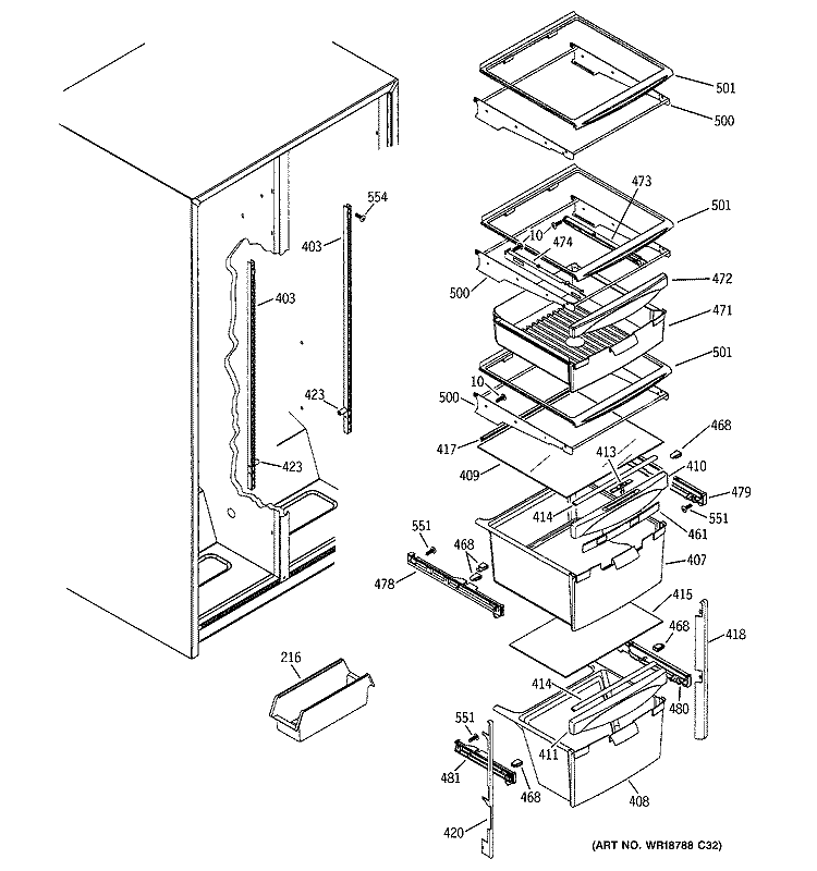 FRESH FOOD SHELVES Diagram and Parts List for GSH25SGRBSS  General Electric Refrigerator