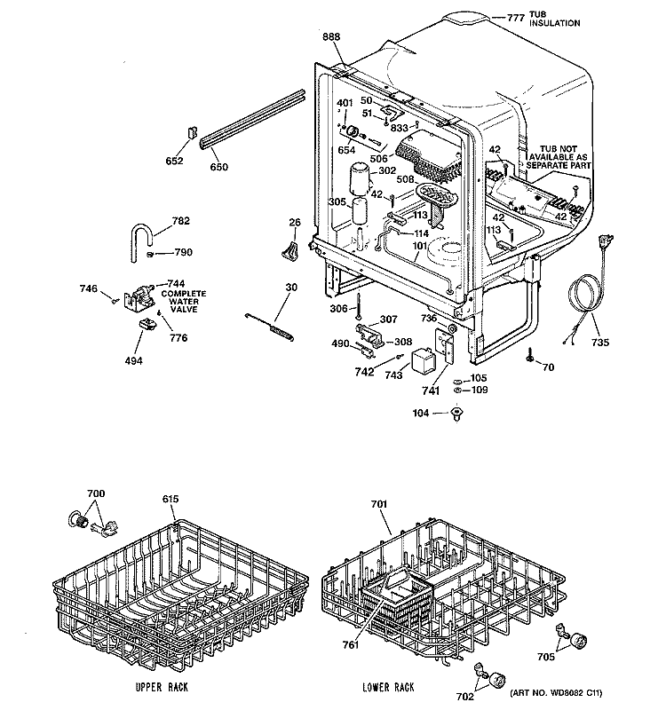 BODY PARTS Diagram and Parts List for GSD2201G02WW  General Electric Dishwasher