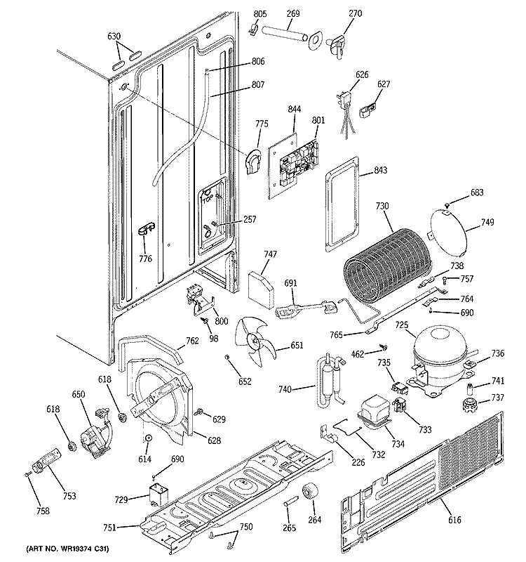 SEALED SYSTEM & MOTHER BOARD Diagram and Parts List for HSS25GFPEWW  Hotpoint Refrigerator