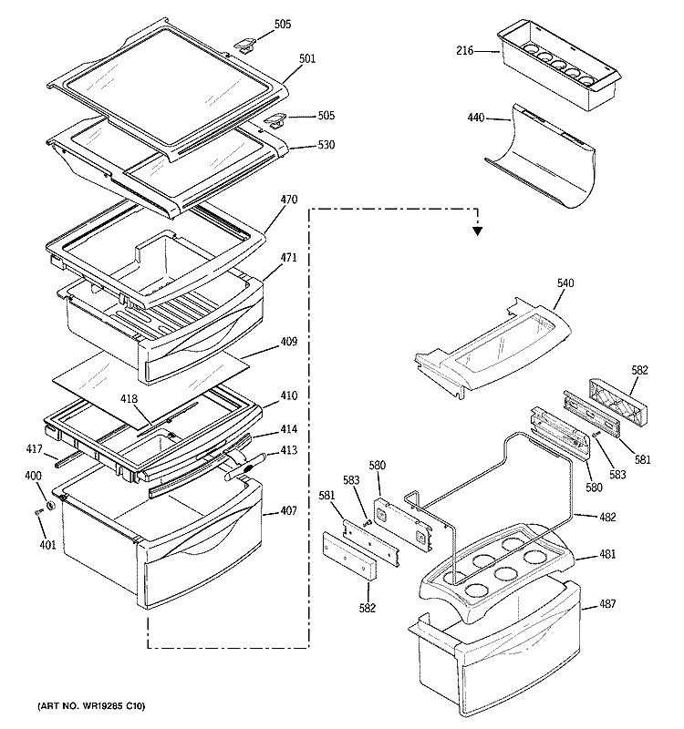 FRESH FOOD SHELVES Diagram and Parts List for PSK29NHNCCCC  General Electric Refrigerator