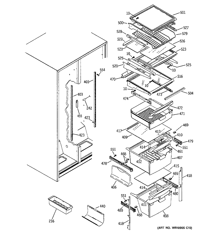 FRESH FOOD SHELVES Diagram and Parts List for PSA22SIPAFBS  General Electric Refrigerator