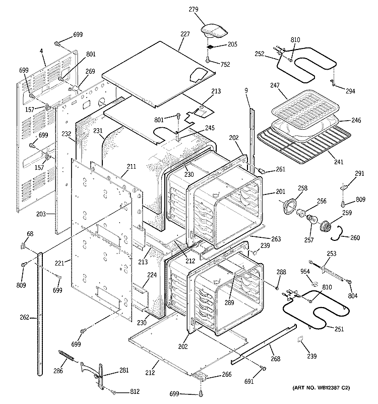 BODY PARTS Diagram and Parts List for JRP28BJ1BB  General Electric Wall Oven