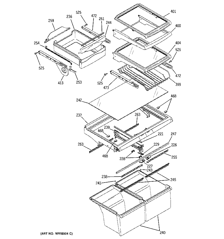 FRESH FOOD SHELVES Diagram and Parts List for PTS25LHRARCC  General Electric Refrigerator
