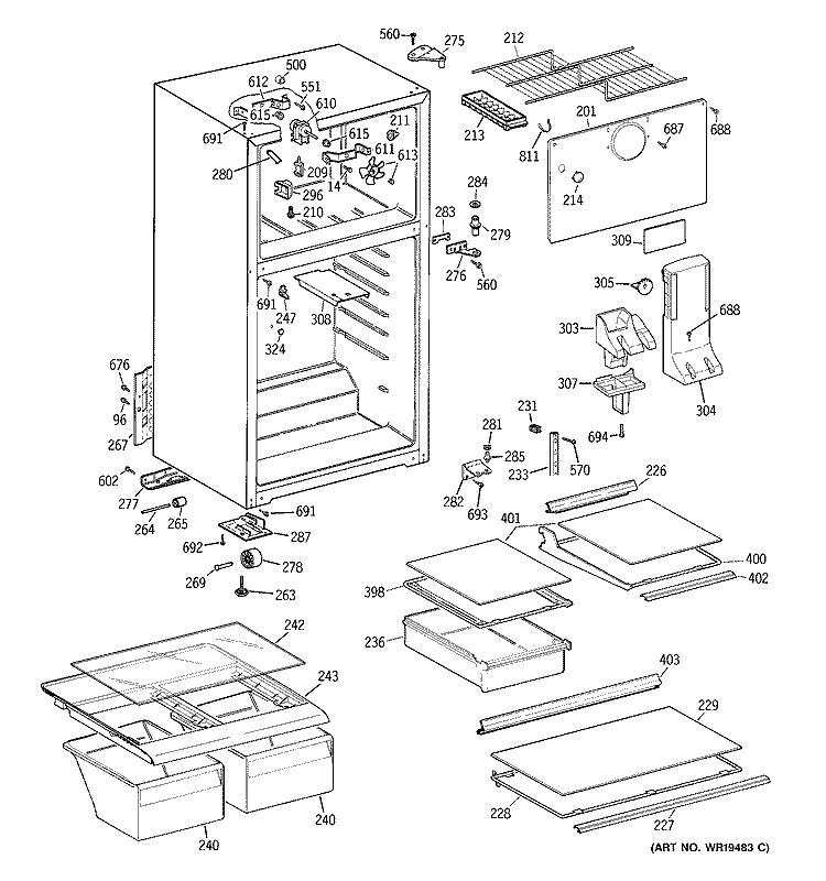 CABINET Diagram and Parts List for HTS16HBRFRWW  Hotpoint Refrigerator