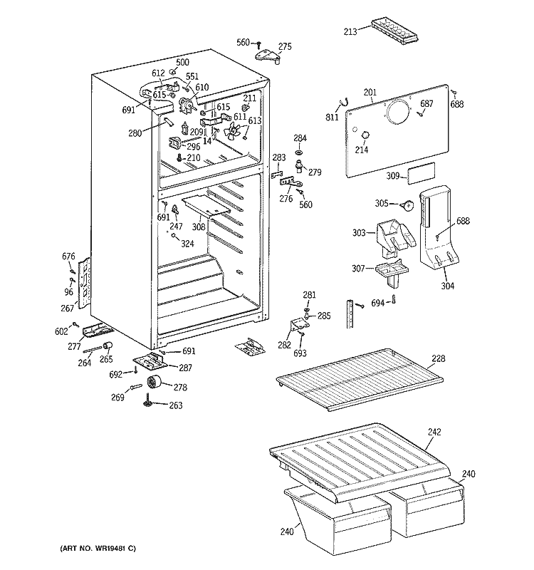 CABINET Diagram and Parts List for HTS16ABRFRWW  Hotpoint Refrigerator
