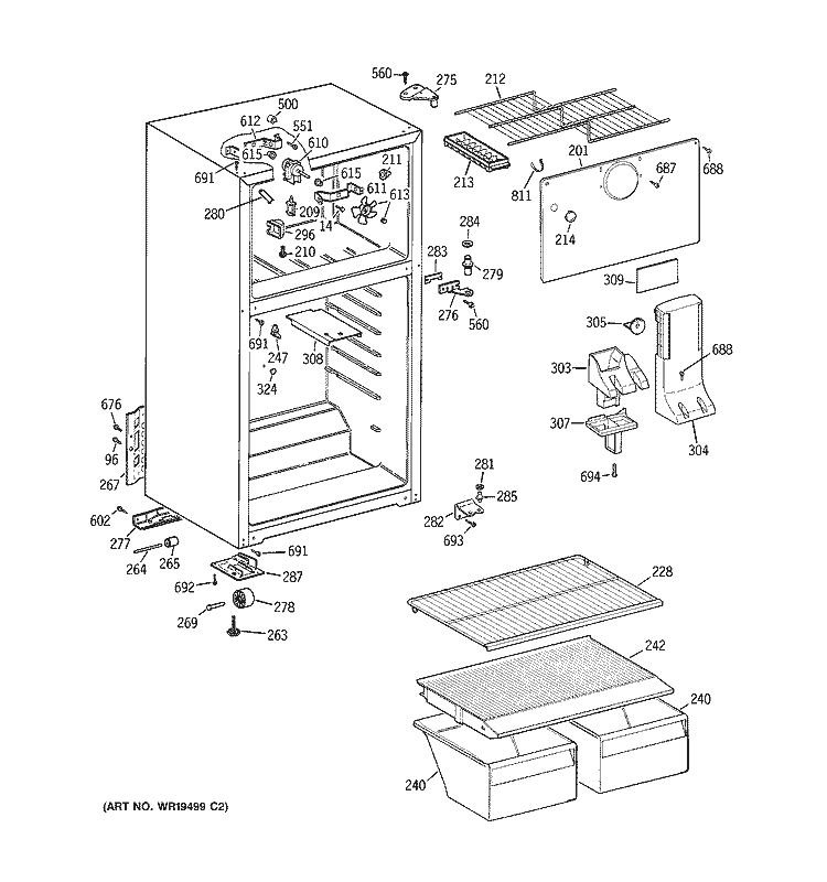 CABINET Diagram and Parts List for HTS18CBRFRWW  Hotpoint Refrigerator
