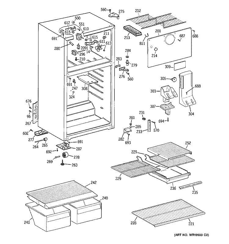 CABINET Diagram and Parts List for HTT18EBRFRWW  General Electric Refrigerator
