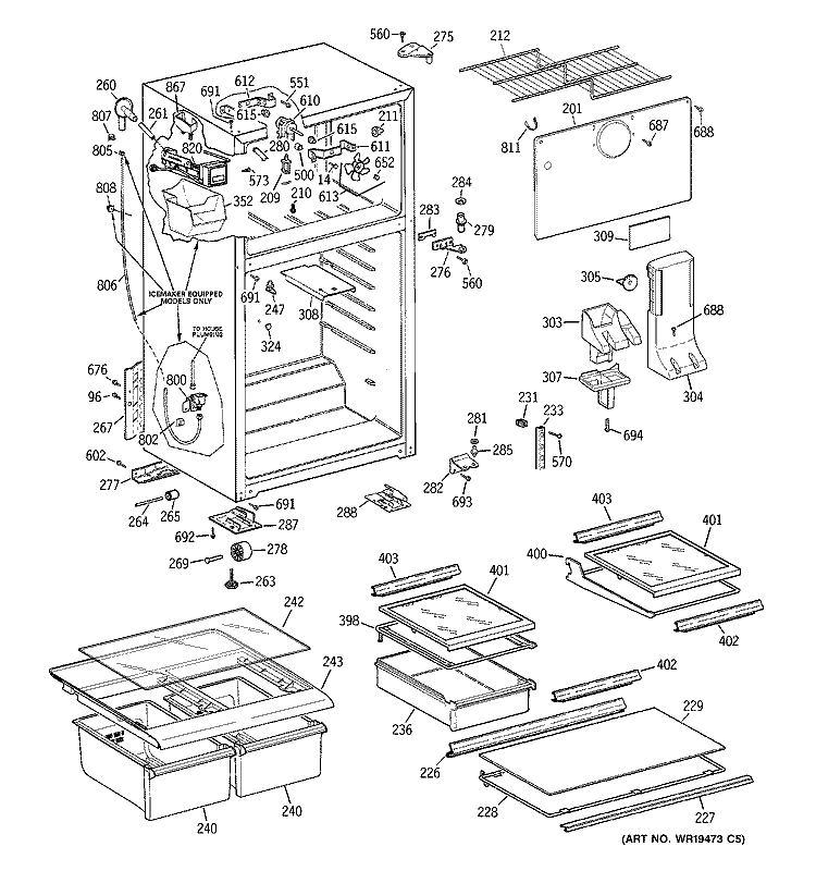CABINET Diagram and Parts List for GTT18HCRERWW  General Electric Refrigerator