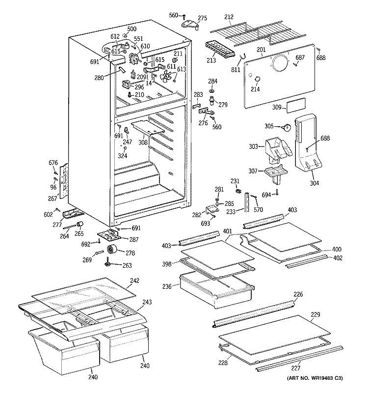CABINET Diagram and Parts List for GTS18HBRFRWW  General Electric Refrigerator