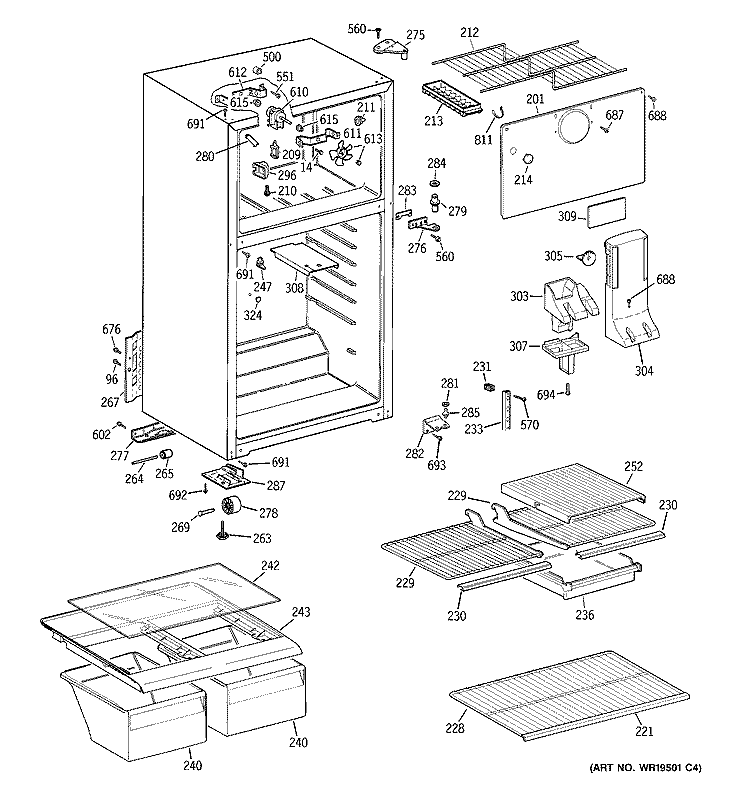 CABINET Diagram and Parts List for GTT15FBRFRWW  General Electric Refrigerator