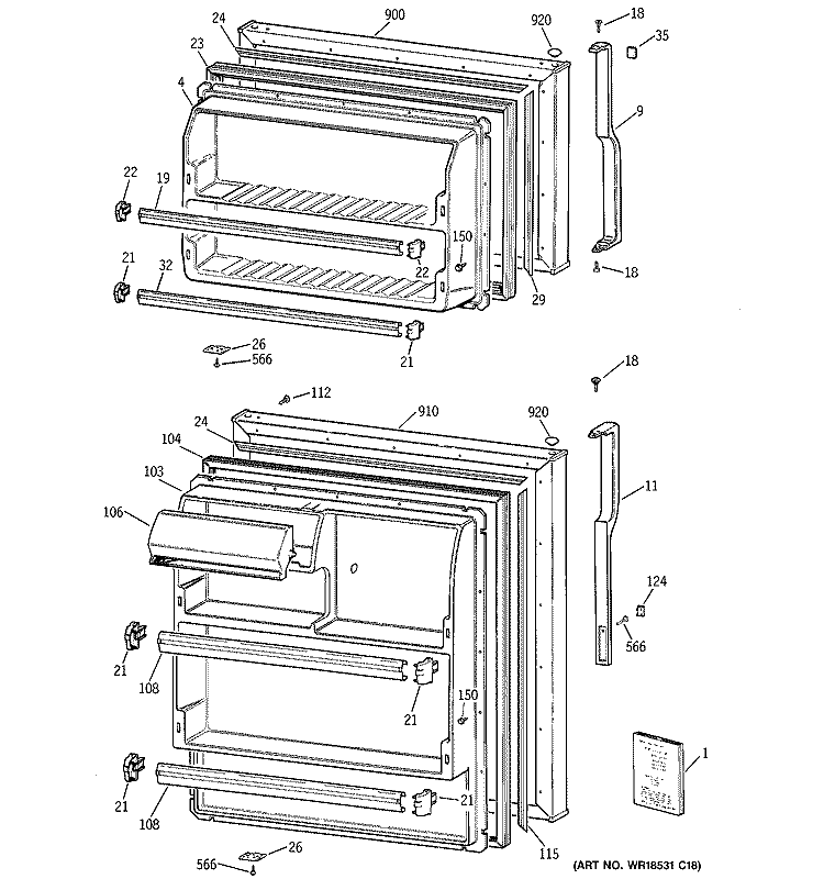 DOORS Diagram and Parts List for GTS18EBRFRCC  General Electric Refrigerator