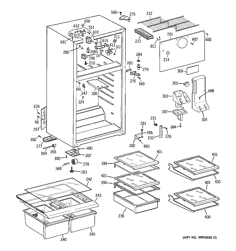 CABINET Diagram and Parts List for GTS16KBRERCC  General Electric Refrigerator