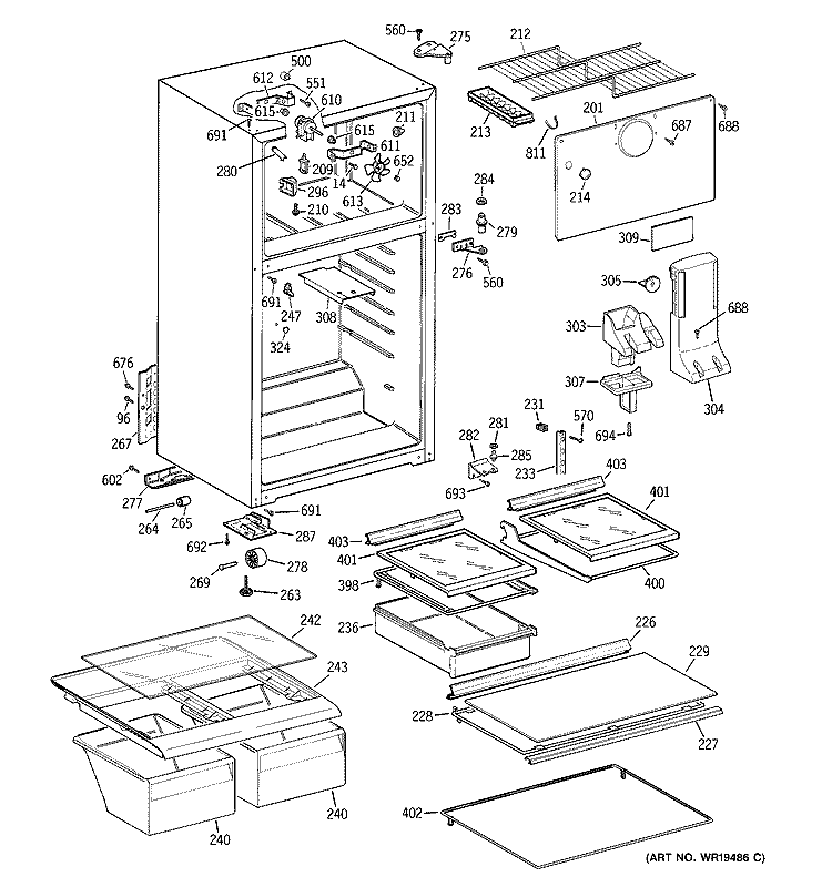 CABINET Diagram and Parts List for GTT15HBRFRWW  General Electric Refrigerator