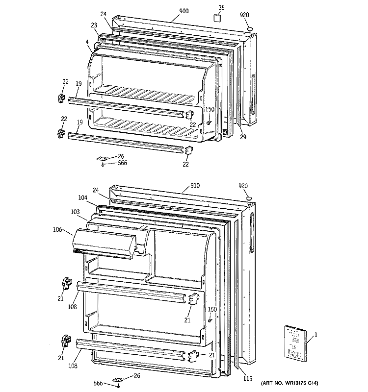 DOORS Diagram and Parts List for GTR17BBRFLWW  General Electric Refrigerator
